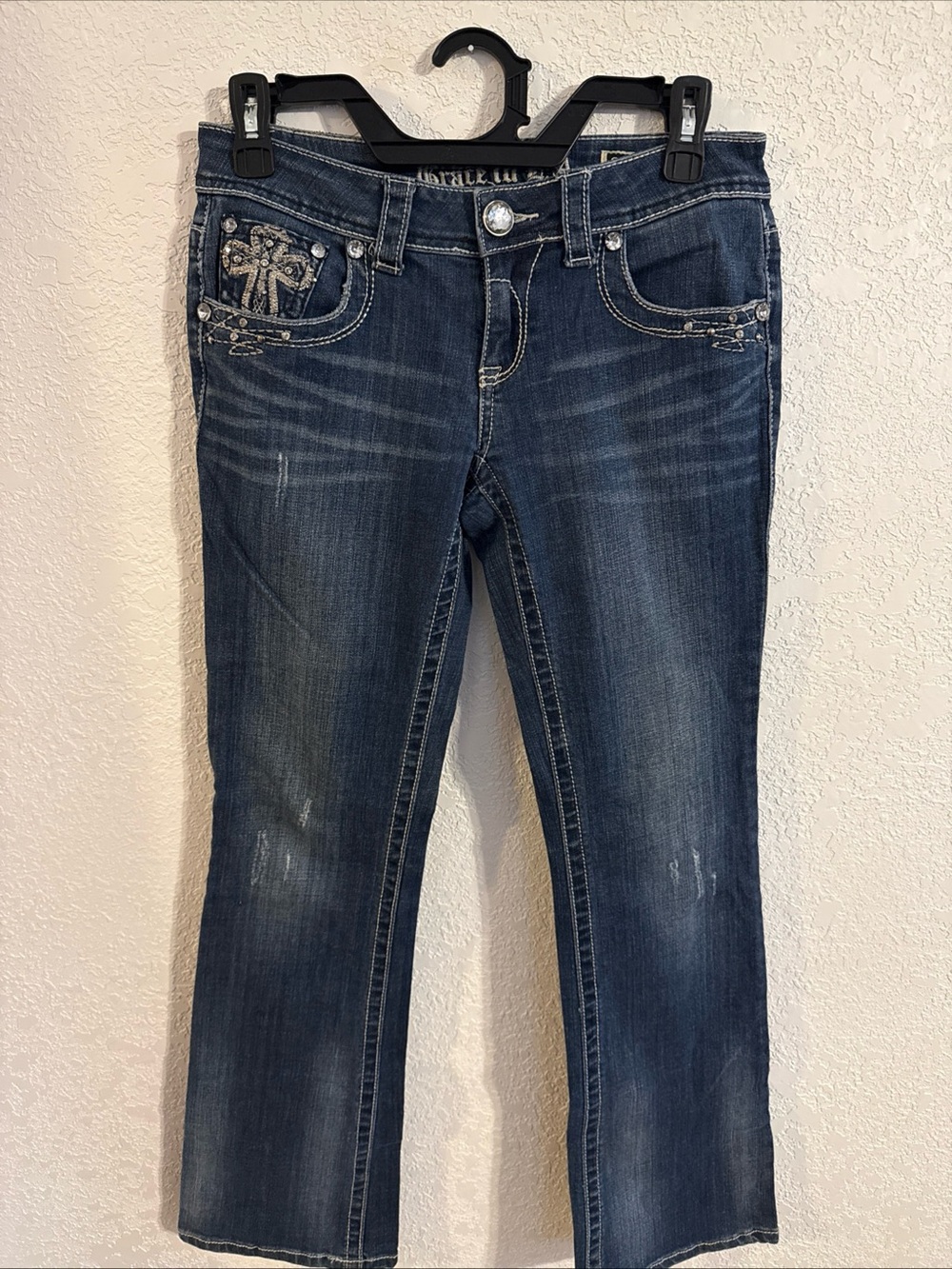Grace in LA low rise Dark Wash Women's Bootcut Jeans with Embellished Pocket